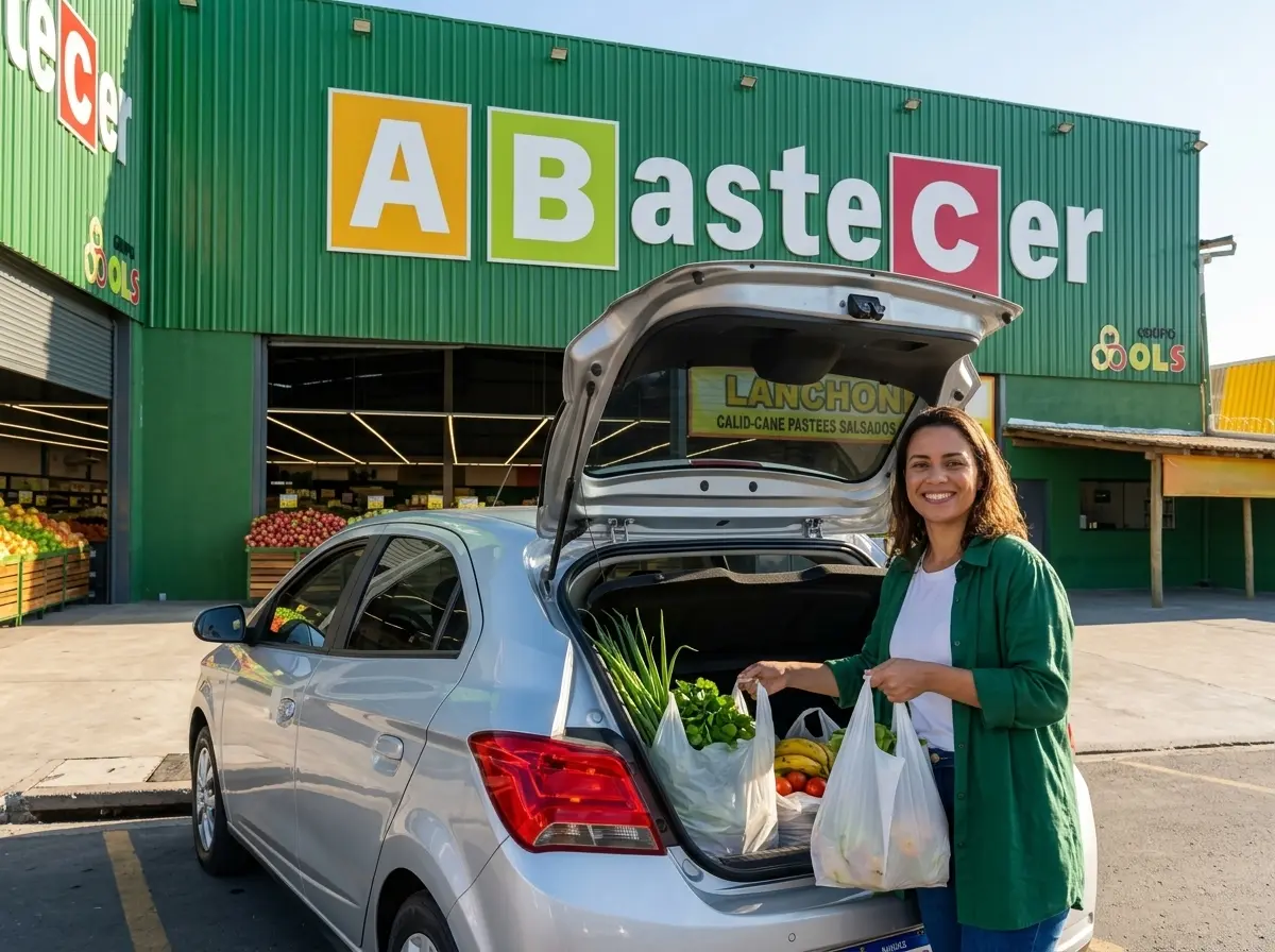Cliente abastecendo o carro com compras de hortifrúti no estacionamento coberto do Abastecer