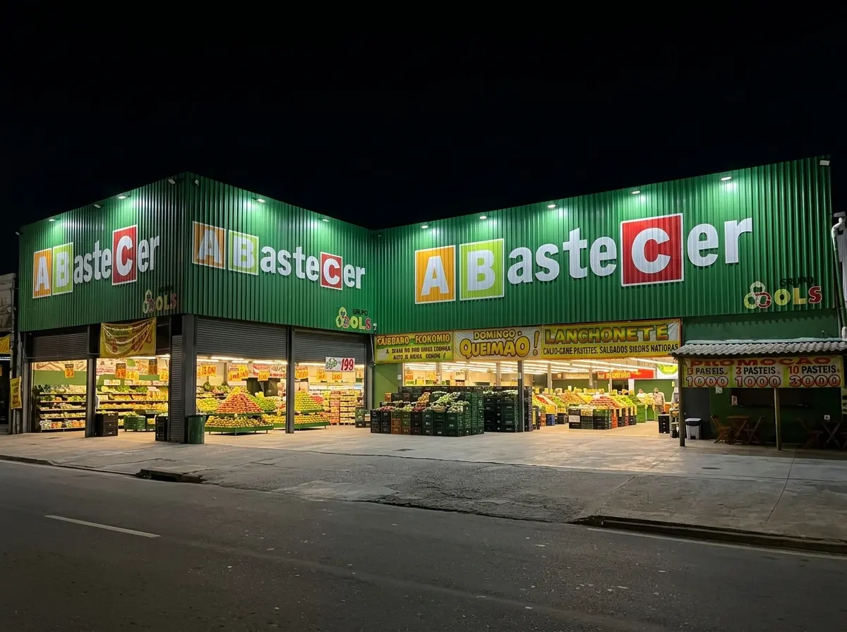 Fachada do Abastecer Tirol iluminada à noite, com a loja aberta 24 horas