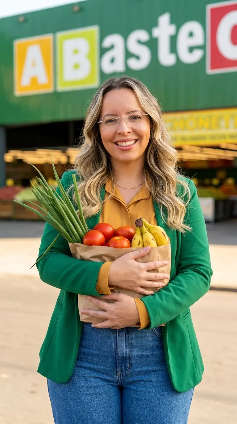 Cliente sorrindo com sacola de hortifrúti em frente à loja Abastecer